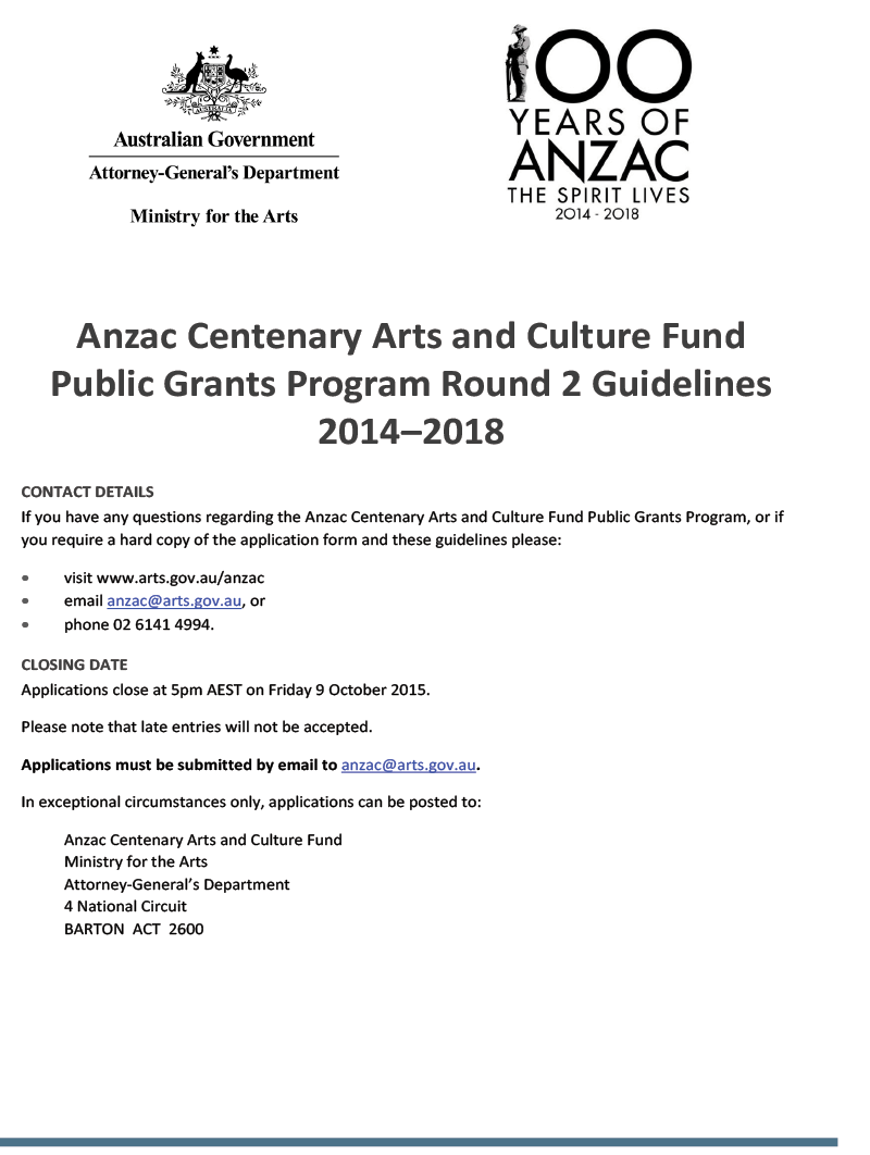 Anzac Centenary Arts and Culture Fund—Public Grants Program Round 2 Guidelines—2014–2018