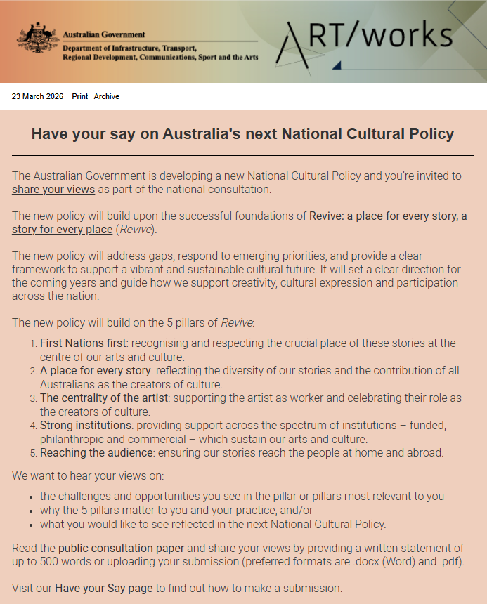 Artworks. Have your say on Australia’s next National Cultural Policy.