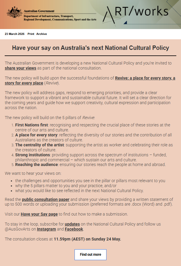 Artworks. Have your say on Australia’s next National Cultural Policy.