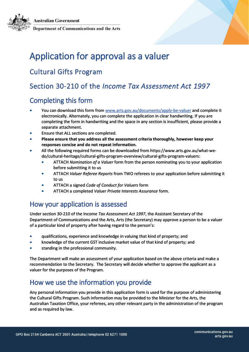 Cultural gifts program—nomination of a valuer—Section 30-210 of the Income Tax Assessment Act 1997.