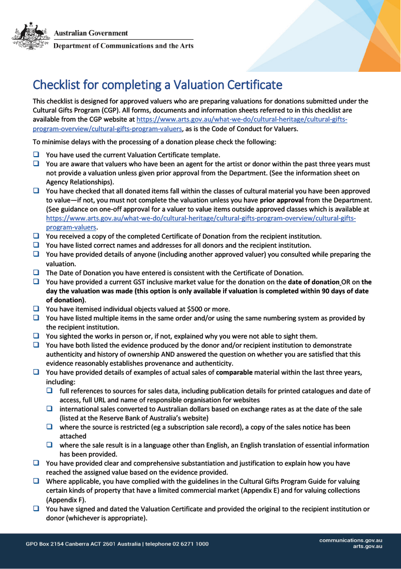 Valuation certificate checklist