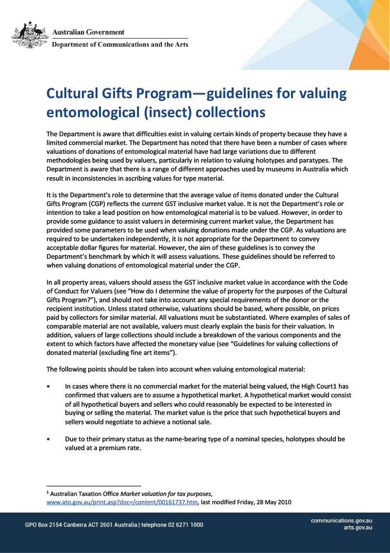 Guidelines for valuing entomological (insect) collections