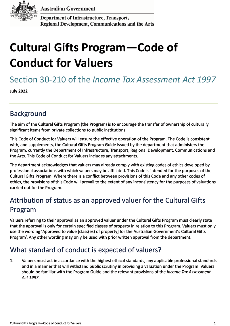 Cultural Gifts Program—Code of Conduct for Valuers
