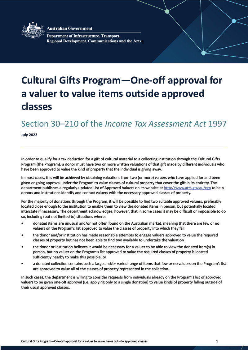 Cultural Gifts Program—One-off approval for a valuer to value items outside approved classes