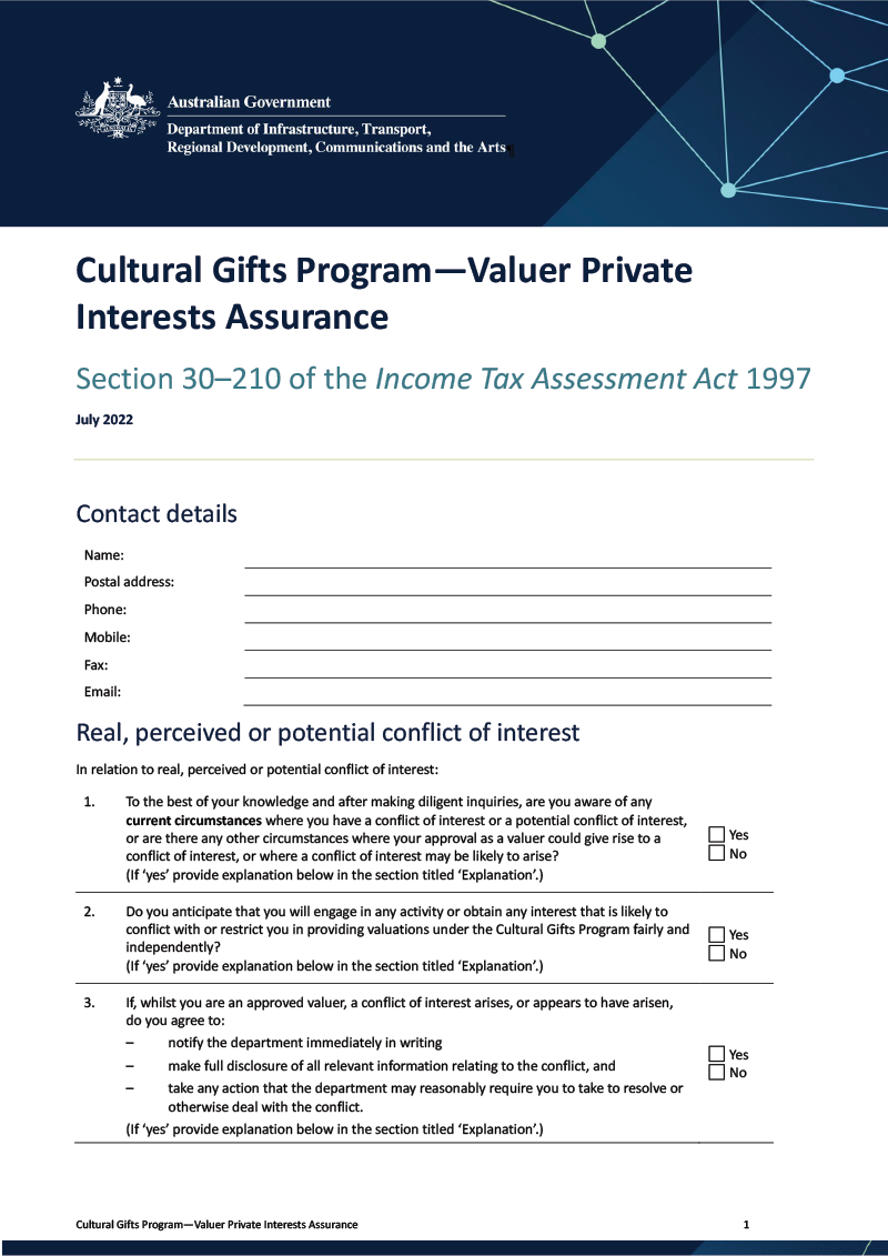 Cultural Gifts Program—Valuer Private Interests Assurance