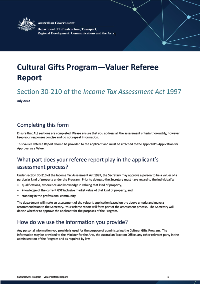 Cultural gifts program—valuer referee report—Section 30-210 of the Income Tax Assessment Act 1997.