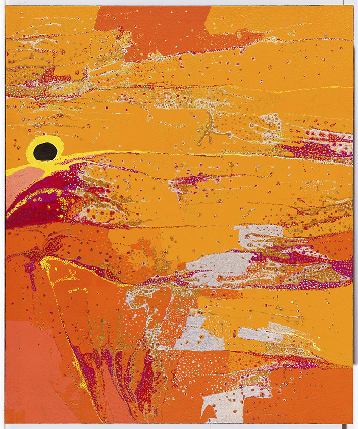 A painting by First Nations Artist Daniel Walbidi depicting the desert landscape and water sites near Well 33 on the Canning Stock Route in Western Australia.