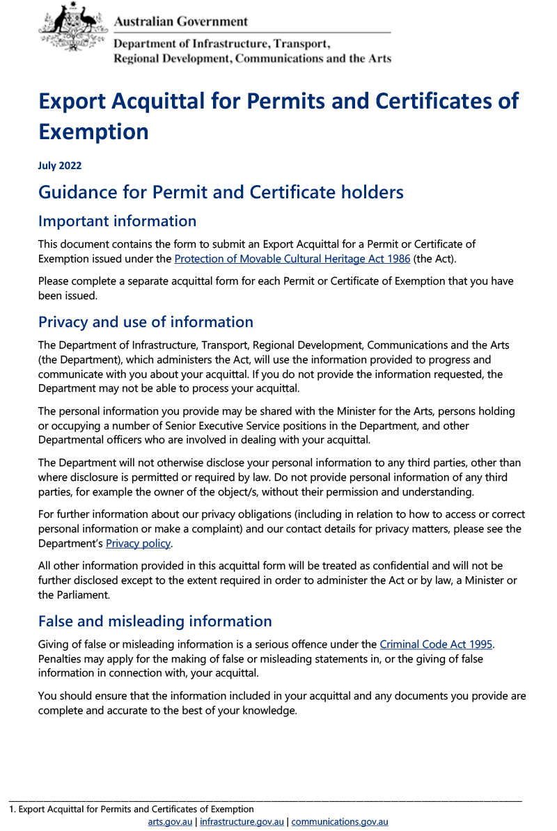 Export Acquittal for Permits and Certificates of Exemption - July 2022