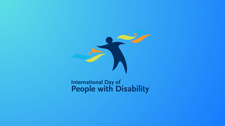 Dark blue abstract figure with arms outstretched, surrounded by colourful curved shapes in orange, yellow and blue. Text reads ‘International Day of People with Disability.’