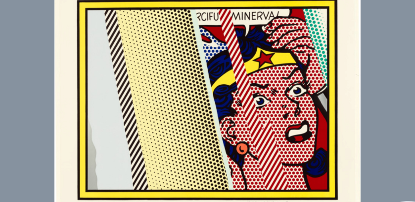 Image of Roy Lichtenstein’s art print Reflections on Minerva. Roy Lichtenstein, Tyler Graphics, Swan Engraving Co., Kenneth Tyler, John Fulton, Paul Stillpass, Lee Funderburg, Kevin Falco, Richard Karnatz, Michael Mueller, John Hutcheson, Jim Lefkowitz, Reflections on Minerva, 1990, National Gallery of Australia, Kamberri/Canberra, purchased with the assistance of the Orde Poynton Fund 2002, © Estate of Roy Lichtenstein/Copyright Agency
