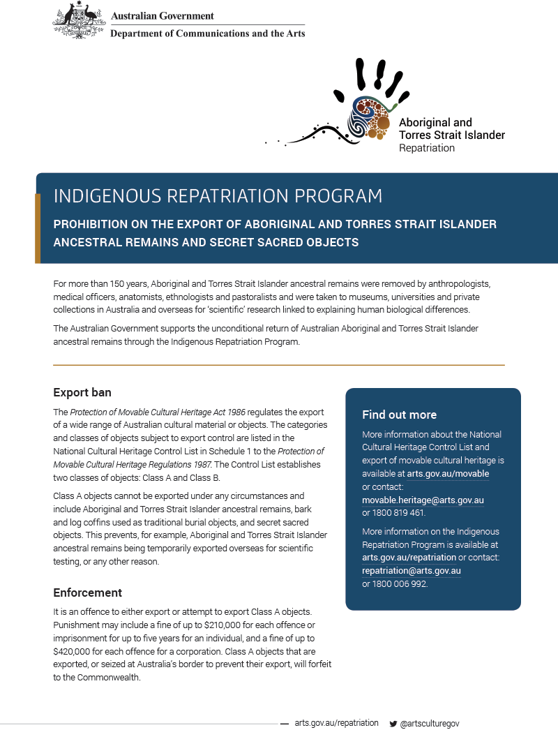 Fact sheet—prohibition on the export of Aboriginal and Torres Strait Islander ancestral remains and secret sacred objects