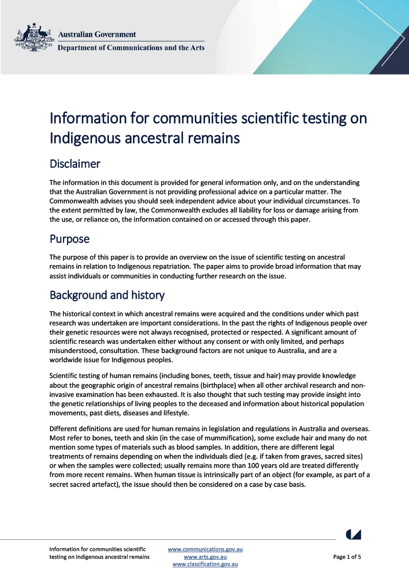 Information for communities scientific testing on Indigenous ancestral remains