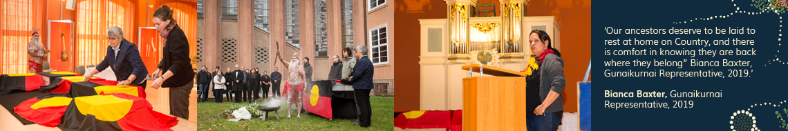 Image Banner containing 3 images depicting the following scenes; The Aboriginal flag is draped over boxes containing ancestors; An Aboriginal Elder conducts a smoking ceremony and is watched by a small crowd; An Aboriginal woman stands at a well-lit podium, she stands beside of Aboriginal flags draped across wooden boxes