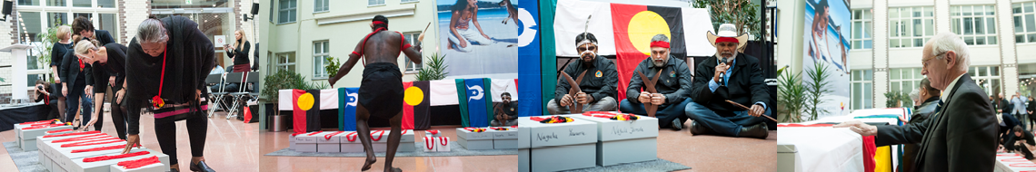 Image Banner containing 4 images depicting the following scenes; People in a line lean down to touch grey boxes with red cloth draped over the top. The people are paying their respects to the ancestors who are kept inside the boxes; An Aboriginal man dances in front of Aboriginal and Torres Strait Islander flags; Three Aboriginal men sit in front of boxes containing their ancestors. One speaks into a microphone and two others hold wooden clapping sticks; A man pauses in front of a box containing ancestors