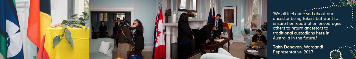 Image Banner containing 3 images depicting the following scenes; The Aboriginal flag and the Torres Strait Islander flag are draped over wooden bollards and have eucalyptus over them; Two women embrace in front of the Canadian and Australian flags; An Aboriginal woman leans down to an ornate wooden table to sign a document, the Aboriginal and Torres Strait Islander flags are in the background.