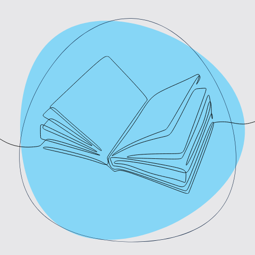 Line illustration of an open book against a blue background.