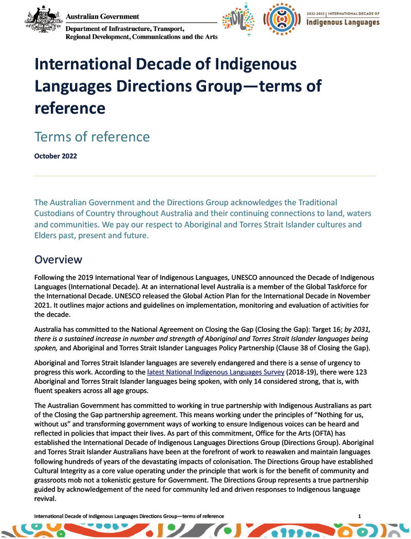International Decade of Indigenous Languages Directions Group—terms of reference