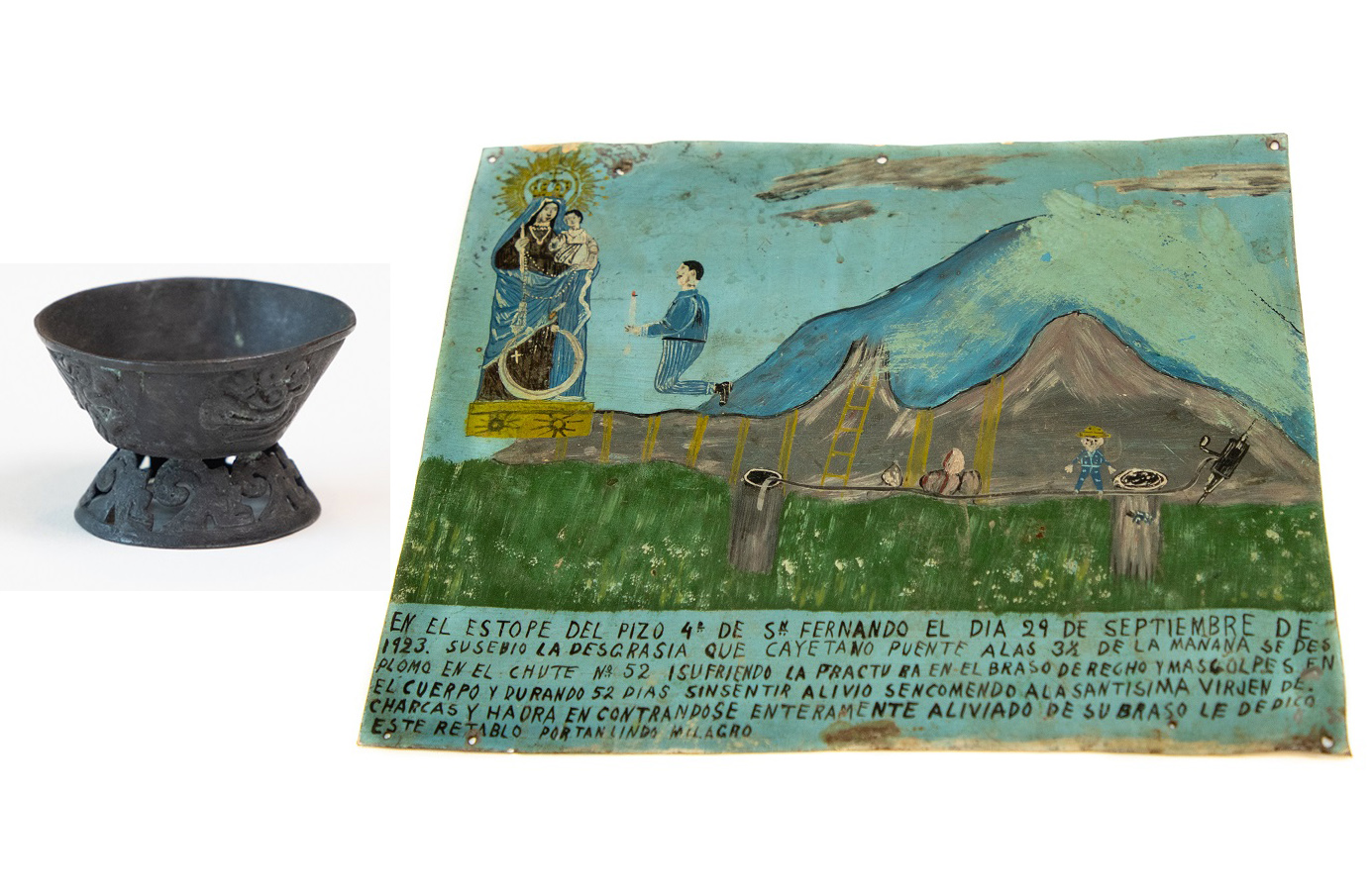 Mixtec copper bowl and ex-voto painting.