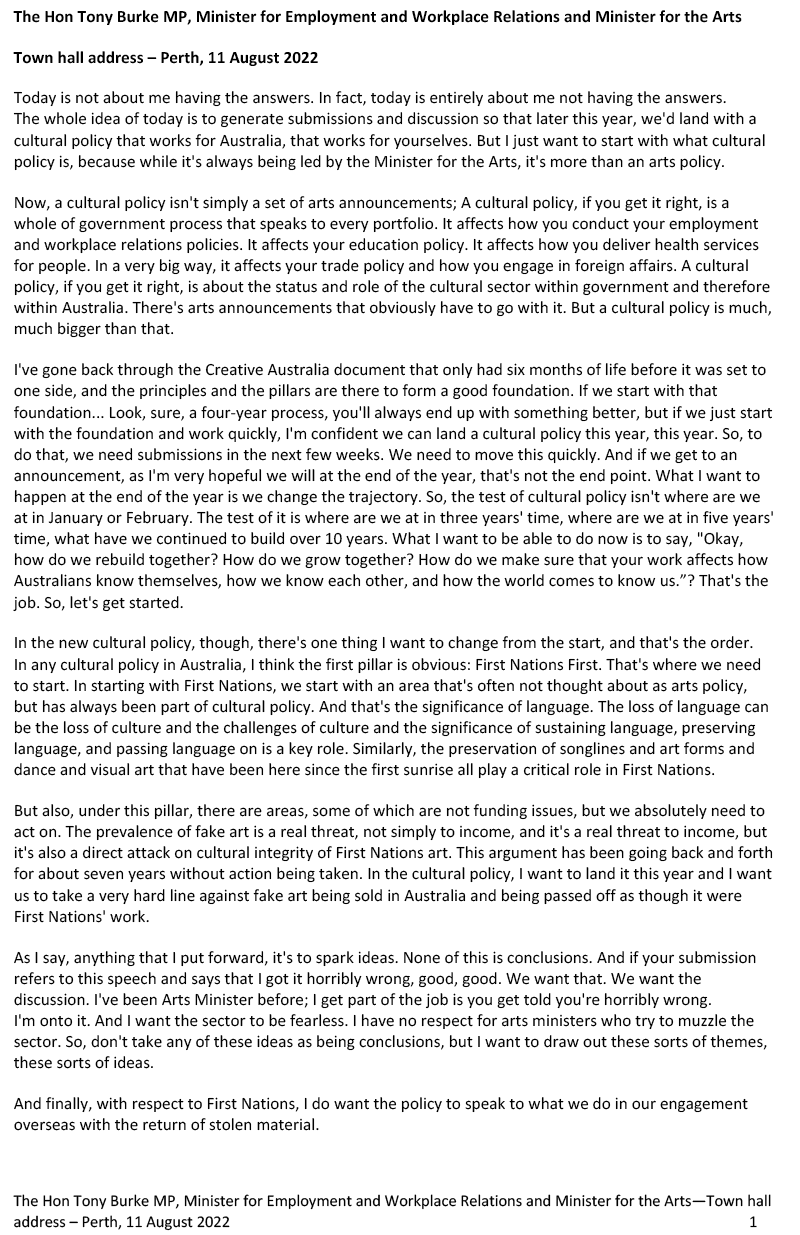 National Cultural Policy Minister Tony Burke MP Perth town hall presentation transcript - 11 August 2022