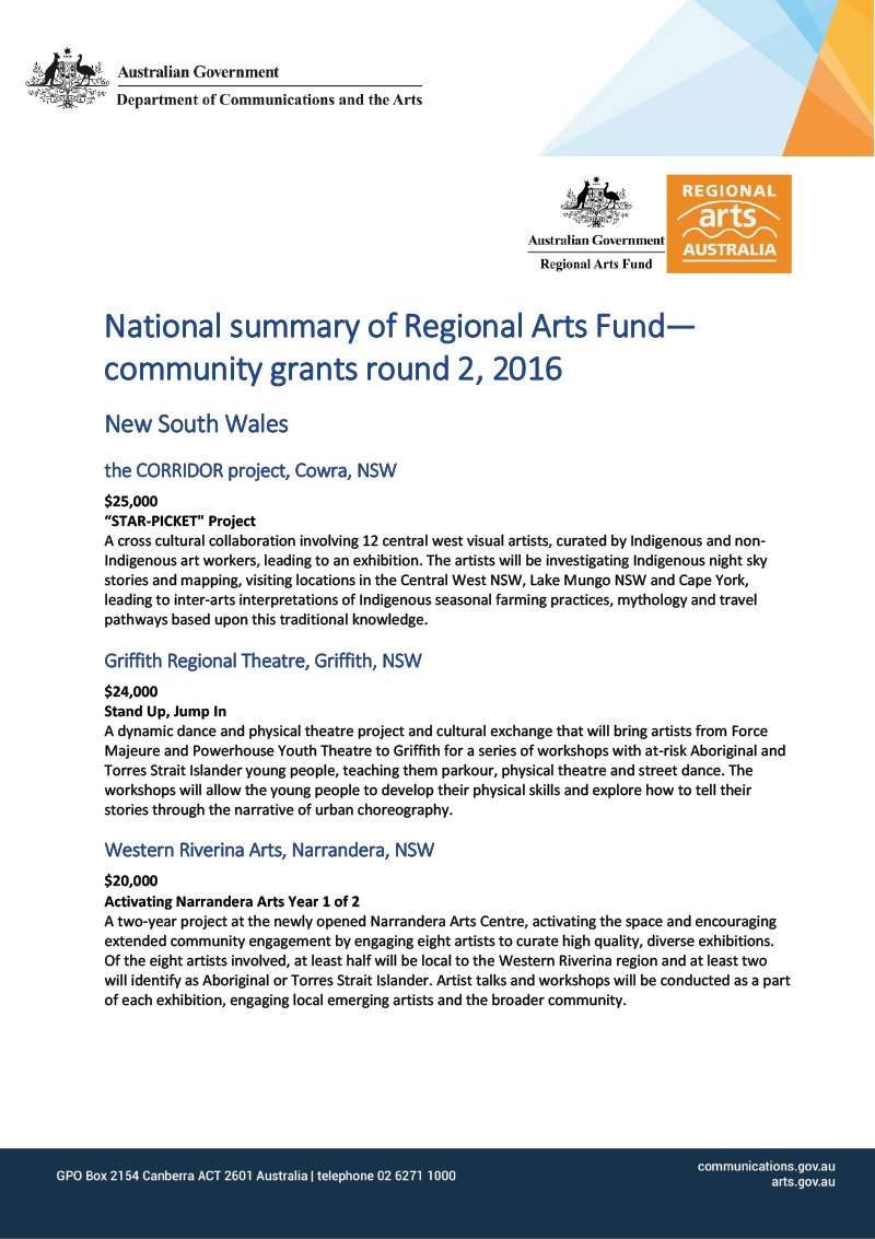 National summary of Regional Arts Fund—community grants round 2, 2016