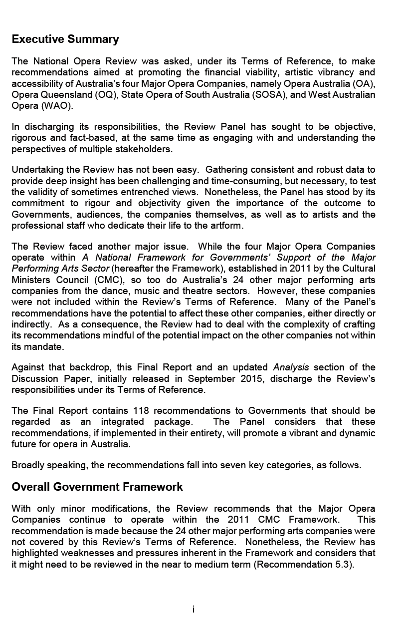 National Opera Review Final Report Executive Summary