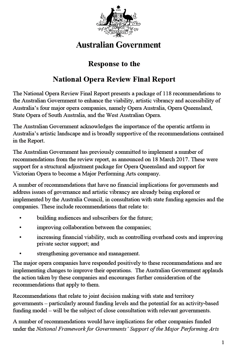 Response to the National Opera Review Final Report