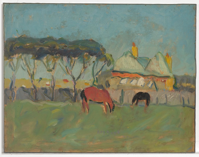 A watercolour painting of a house, pine trees and two horses. 