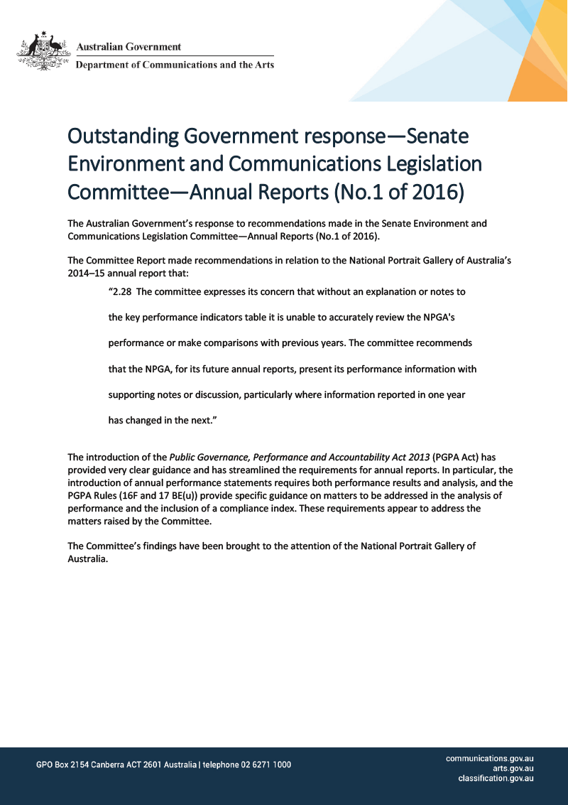 Outstanding Government response—Senate Environment and Communications Legislation Committee—Annual Reports (No.1 of 2016)