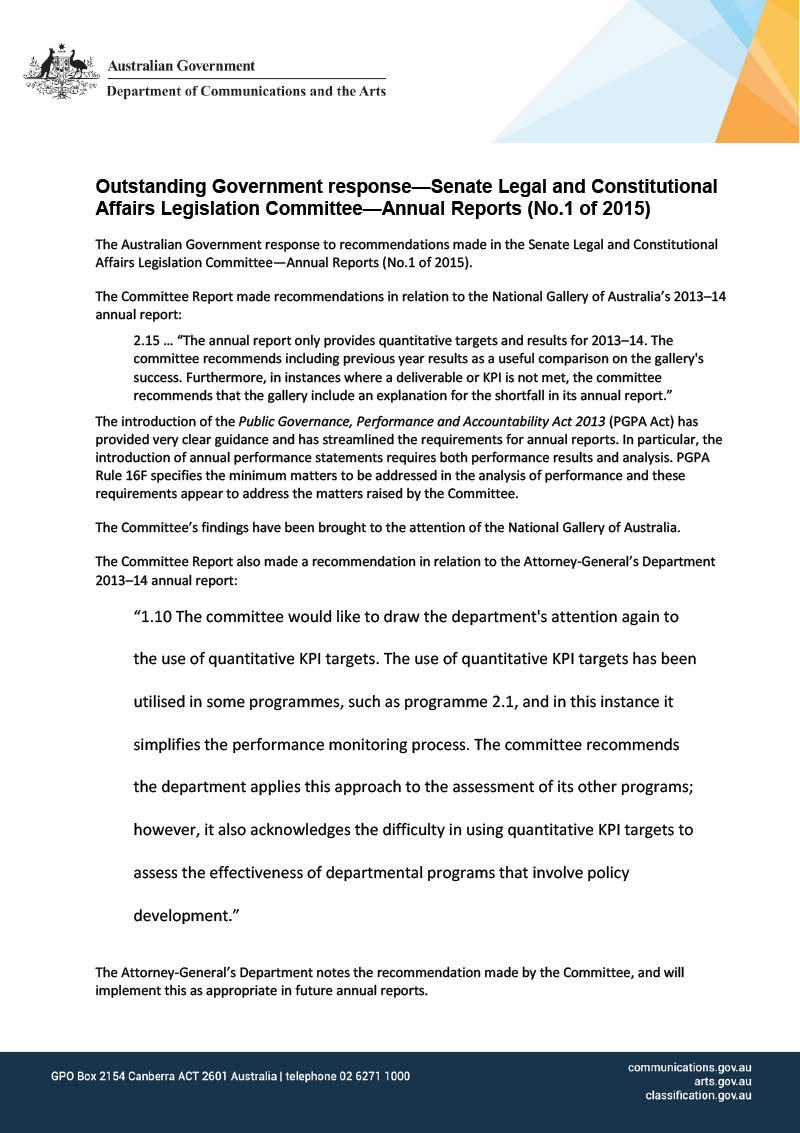 Outstanding Government response—Senate Legal and Constitutional Affairs Legislation Committee—Annual Reports (No.1 of 2015)