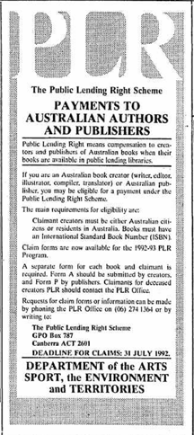 An advertisement for the Public Lending Right Scheme (The Canberra Times 22 February 1992 via Trove)