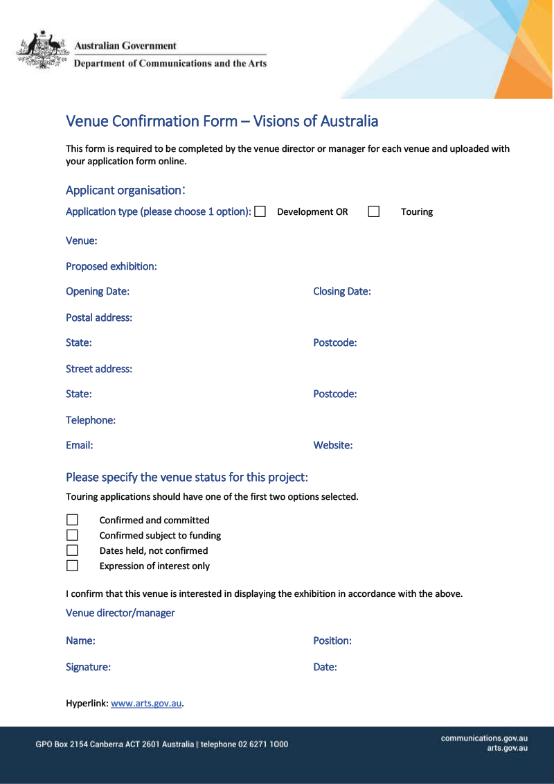 Visions of Australia Venue Confirmation Form