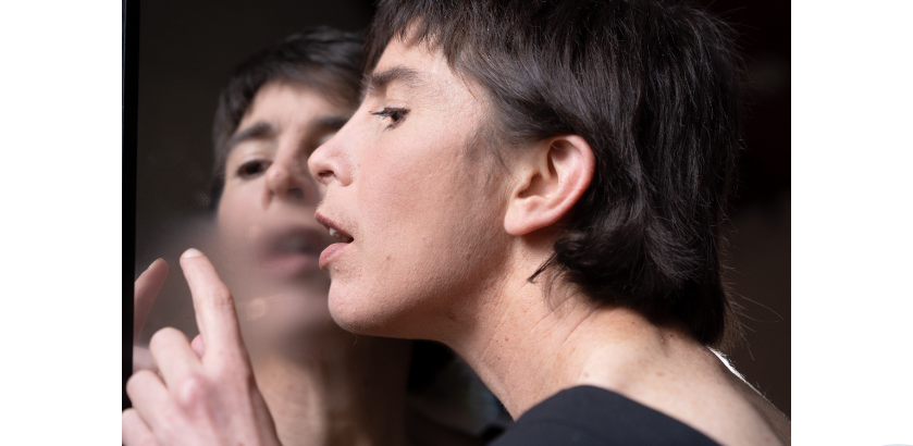 Actor Sarah Mainwaring on stage in the Back to Back Theatre production, Elephant.