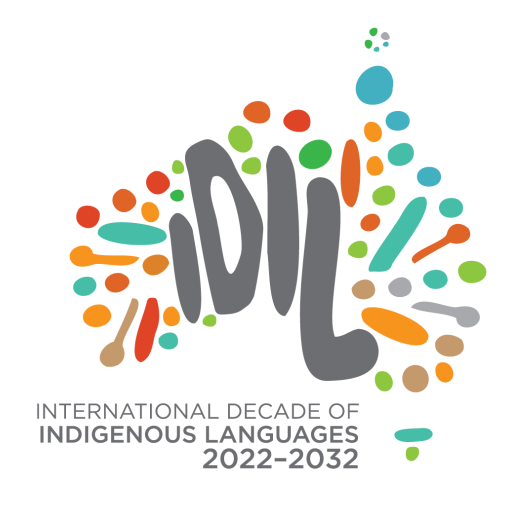Logo of the International Decade of Indigenous Languages 2022-2032.  The letters ‘I’, ‘D’, ‘I’, ‘L’ represented within an artistic rendering of the shape of Australia.