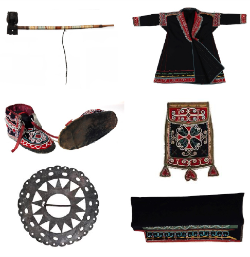 clockwise from top left: smoking pipe, ornate cloak, pouch, leggings, broach, moccasins