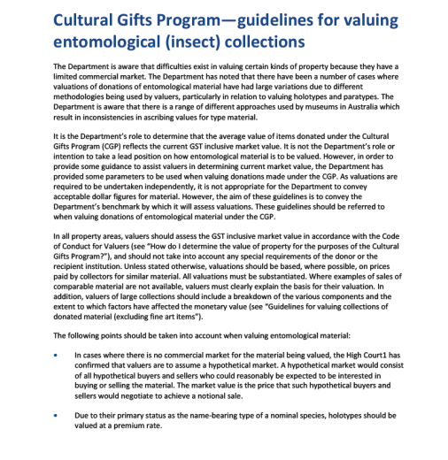 Guidelines for valuing entomological (insect) collections