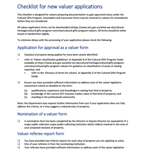 Checklist for new valuer applications