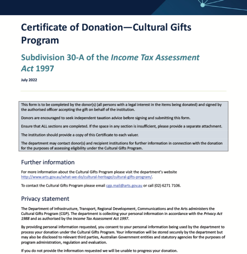 Certificate of Donation—Cultural Gifts Program