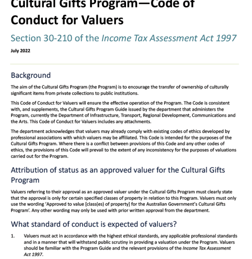 Cultural Gifts Program—Code of Conduct for Valuers