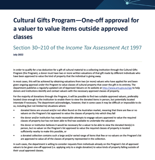 Cultural Gifts Program—One-off approval for a valuer to value items outside approved classes