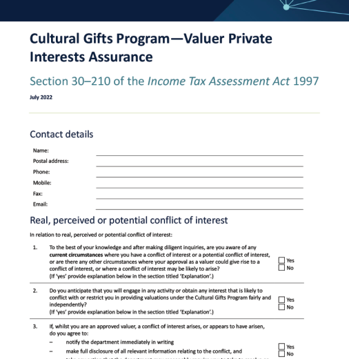 Cultural Gifts Program—Valuer Private Interests Assurance