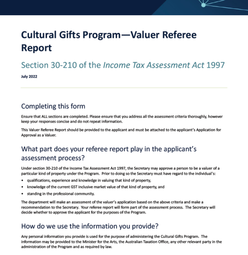 Cultural gifts program—valuer referee report—Section 30-210 of the Income Tax Assessment Act 1997.