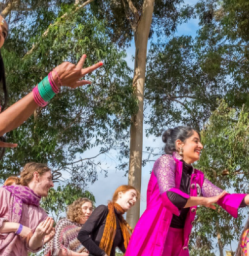 This image shows a group of women dancing in Bollywood style at an outdoor festival.