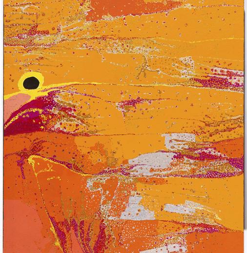A painting by First Nations Artist Daniel Walbidi depicting the desert landscape and water sites near Well 33 on the Canning Stock Route in Western Australia.