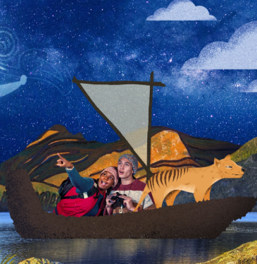 Two boys performing on stage. They sit in a boat with a dog sitting next to them. They point away from themselves as if looking for something and one boy holds a binoculars. 