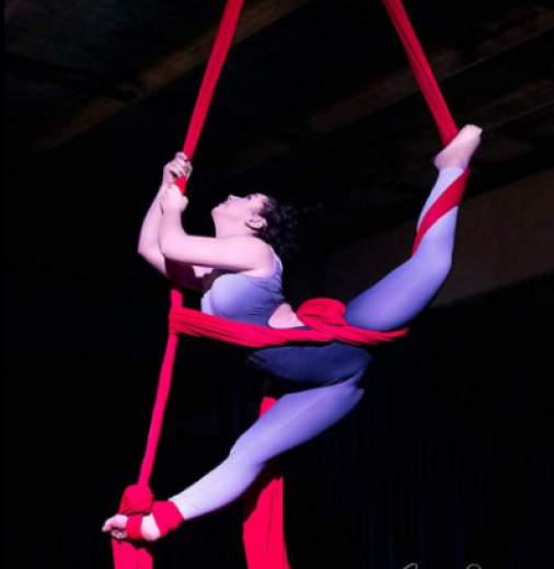 Circus performer in purple suit swings above stage while holding onto fabric.