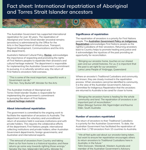 Fact sheet: International repatriation of Aboriginal and Torres Strait Island ancestors