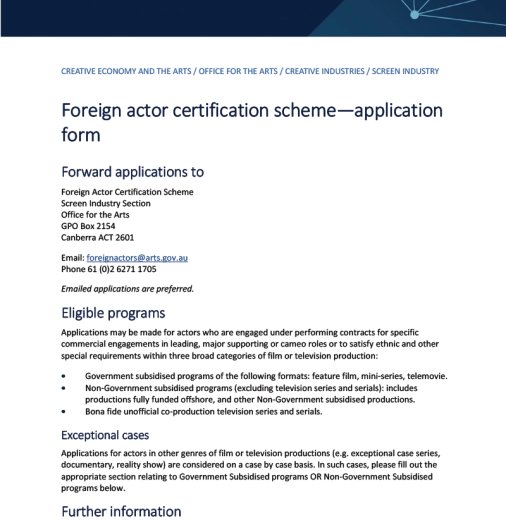 Foreign actor certification scheme—application form Foreign actor certification scheme—application form