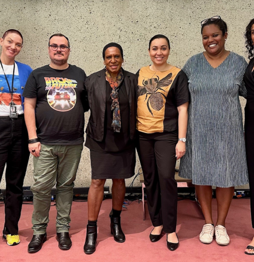 A line of First Nations people who attended the Brisbane community engagement session posing for a photo.