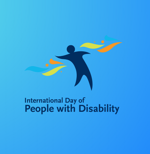 Dark blue abstract figure with arms outstretched, surrounded by colourful curved shapes in orange, yellow and blue. Text reads ‘International Day of People with Disability.’