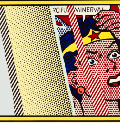 Image of Roy Lichtenstein’s art print Reflections on Minerva. Roy Lichtenstein, Tyler Graphics, Swan Engraving Co., Kenneth Tyler, John Fulton, Paul Stillpass, Lee Funderburg, Kevin Falco, Richard Karnatz, Michael Mueller, John Hutcheson, Jim Lefkowitz, Reflections on Minerva, 1990, National Gallery of Australia, Kamberri/Canberra, purchased with the assistance of the Orde Poynton Fund 2002, © Estate of Roy Lichtenstein/Copyright Agency